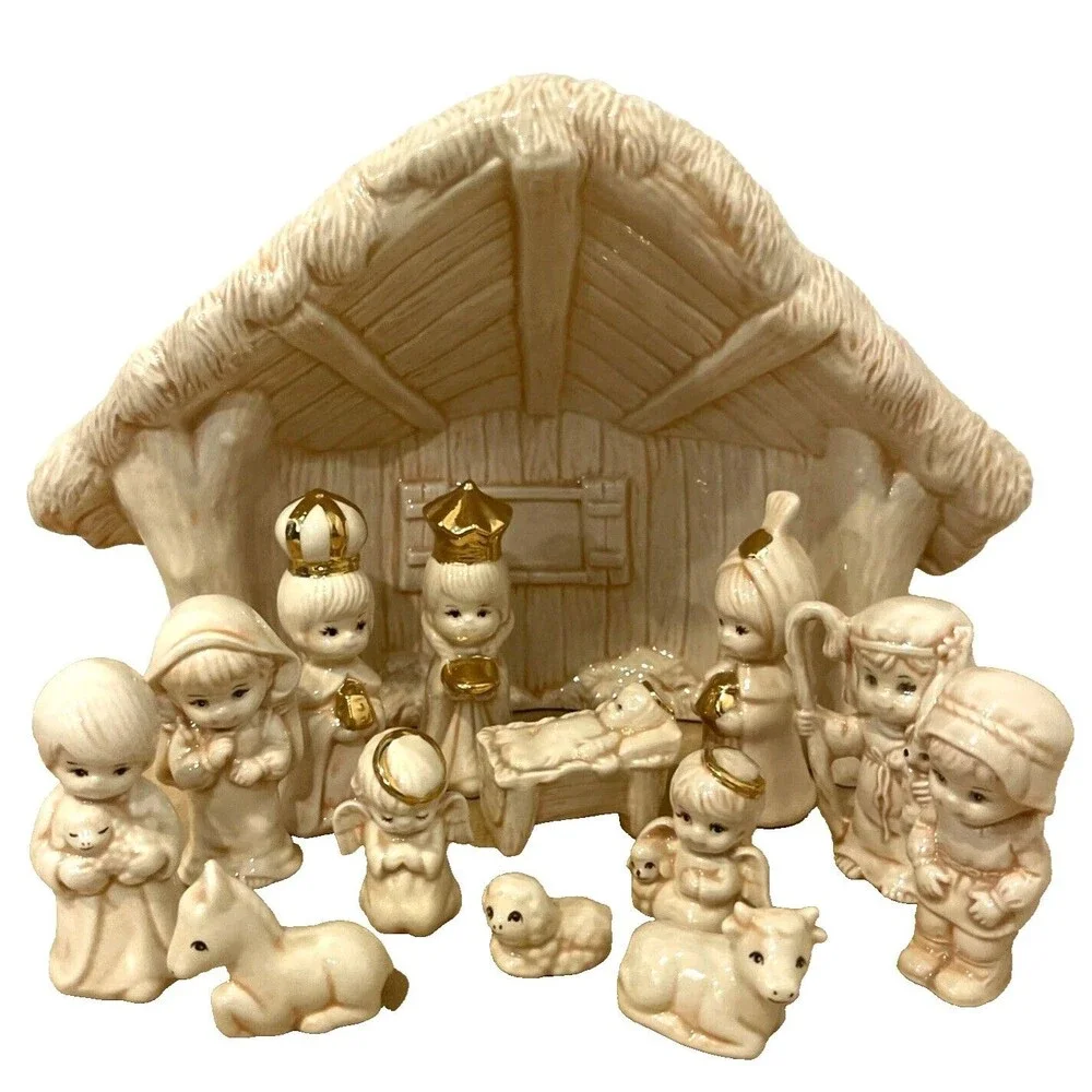 Ceramic Glazed Nativity Scene Christmas Village Holiday Decor 14 Pieces